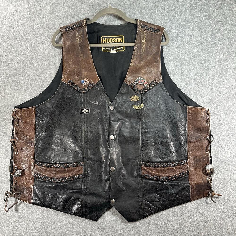 Hudson Leather Biker Vest Mens 3XL Harley HOG Pins Lace Up Motorcycle Vintage